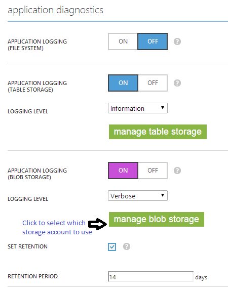 Setting application logs in the Azure portal